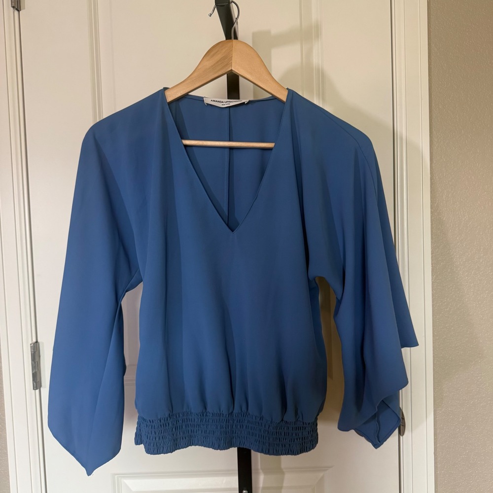 Amanda Uprichard‎ Blue V-Neck Bell Sleeve Smocked Waist Blouse Top Women's P|XS